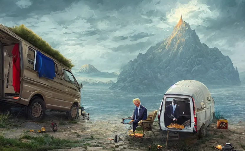 Image similar to highly detailed portrait of donald trump living in a van, down by the river, homeless, stephen bliss, unreal engine, fantasy art by greg rutkowski, loish, rhads, ferdinand knab, makoto shinkai and lois van baarle, ilya kuvshinov, rossdraws, tom bagshaw, global illumination, radiant light, detailed and intricate environment