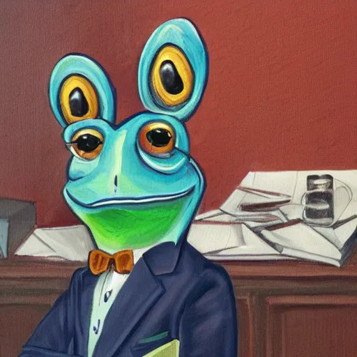 Image similar to a portrait painting of an anthropomorphic blue frog wearing a suit sitting in an office, very detailed, very intricate,