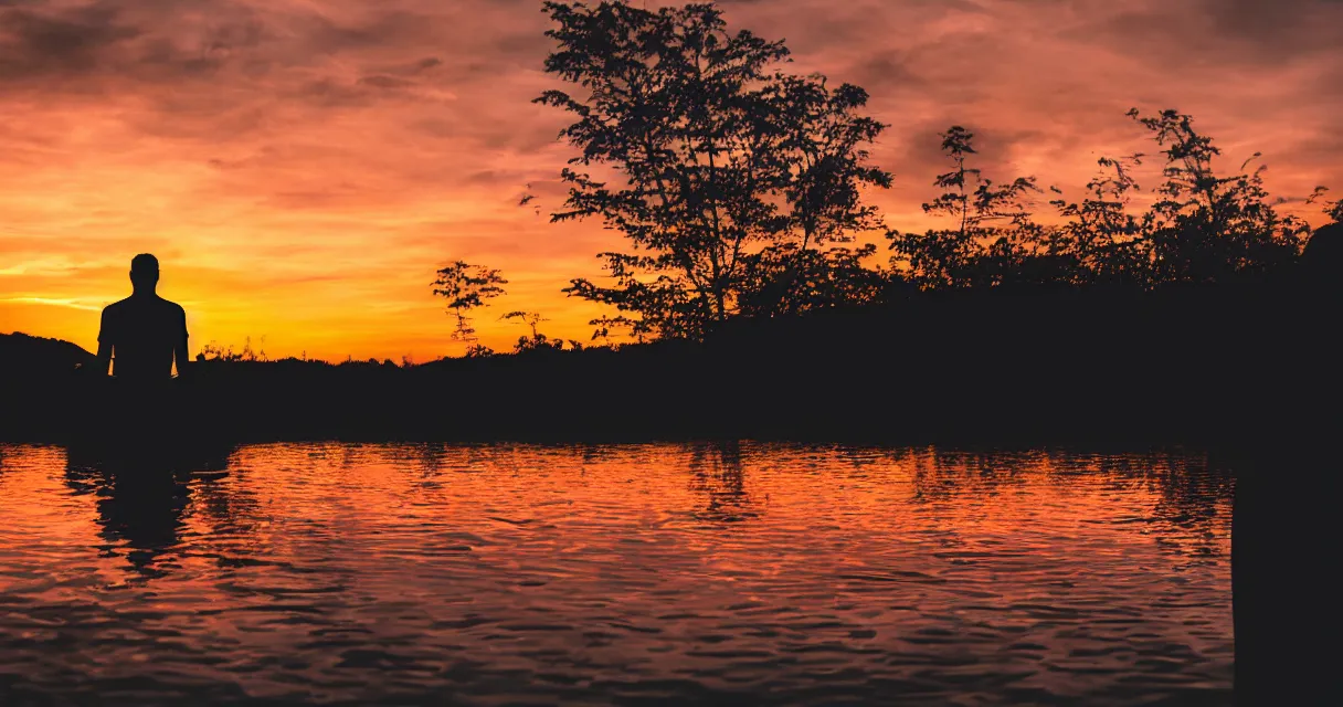 Image similar to wide range photo silhouette of a man meditating, at a beautiful sunset, highly detailed, colorful,