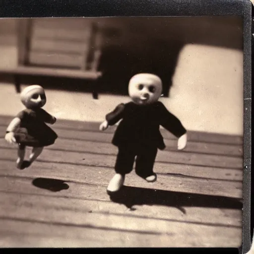 Image similar to 1 9 5 0 s, creepy dolls jumping towards viewer, horror, lost photograph, final photo found, forgotten, polaroid,