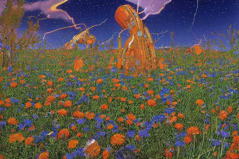 Prompt: hyperrealism, scene from church, tornado of fire, blue grass, thunderstorm, starship, junkyard, louisiana swamps, orange blooming flowers garden, 8 k, 8 0 s japanese sci - fi books art, artwork by jean giraud