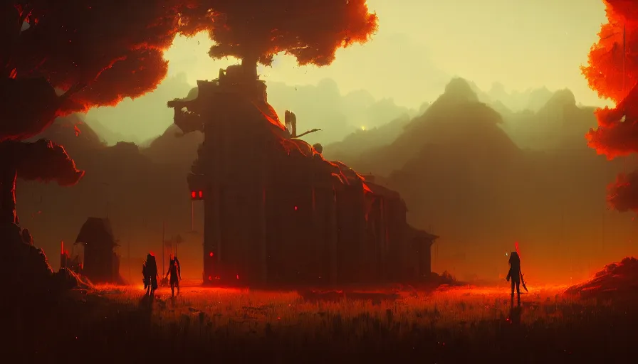 Image similar to highly detailed matte painting of a hostile thunderoud rural landscape by atey ghailan, by greg rutkowski, by greg tocchini, by james gilliard, by joe fenton, red, brown, black and yellow color scheme, octane render