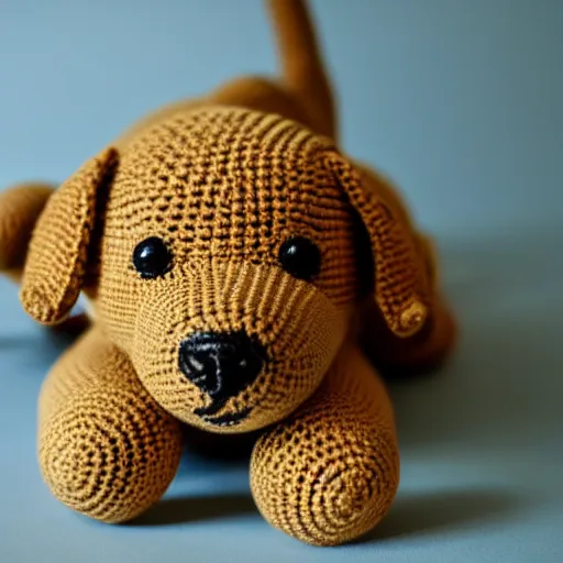 Prompt: a crochet golder retriever, very cute, kawaii, extremely detailed, complex, intricate, Sigma 50mm f/1.4