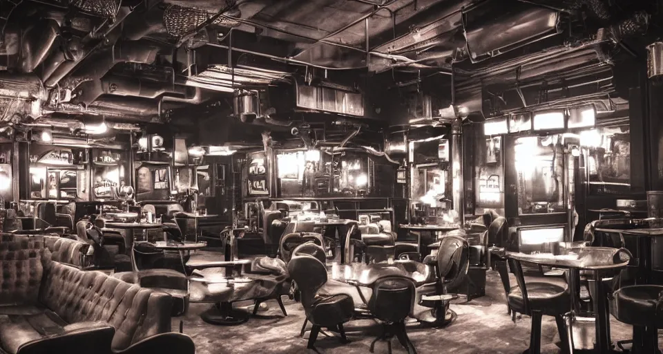 Prompt: dieselpunk lounge in restrained electropunk aesthetic