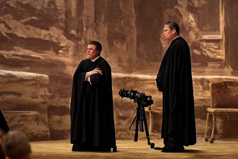 Prompt: a man in black robes interrupts a a dark convention stage podium, under the spotlight by joaquin sorolla, roger deakins, cinematography