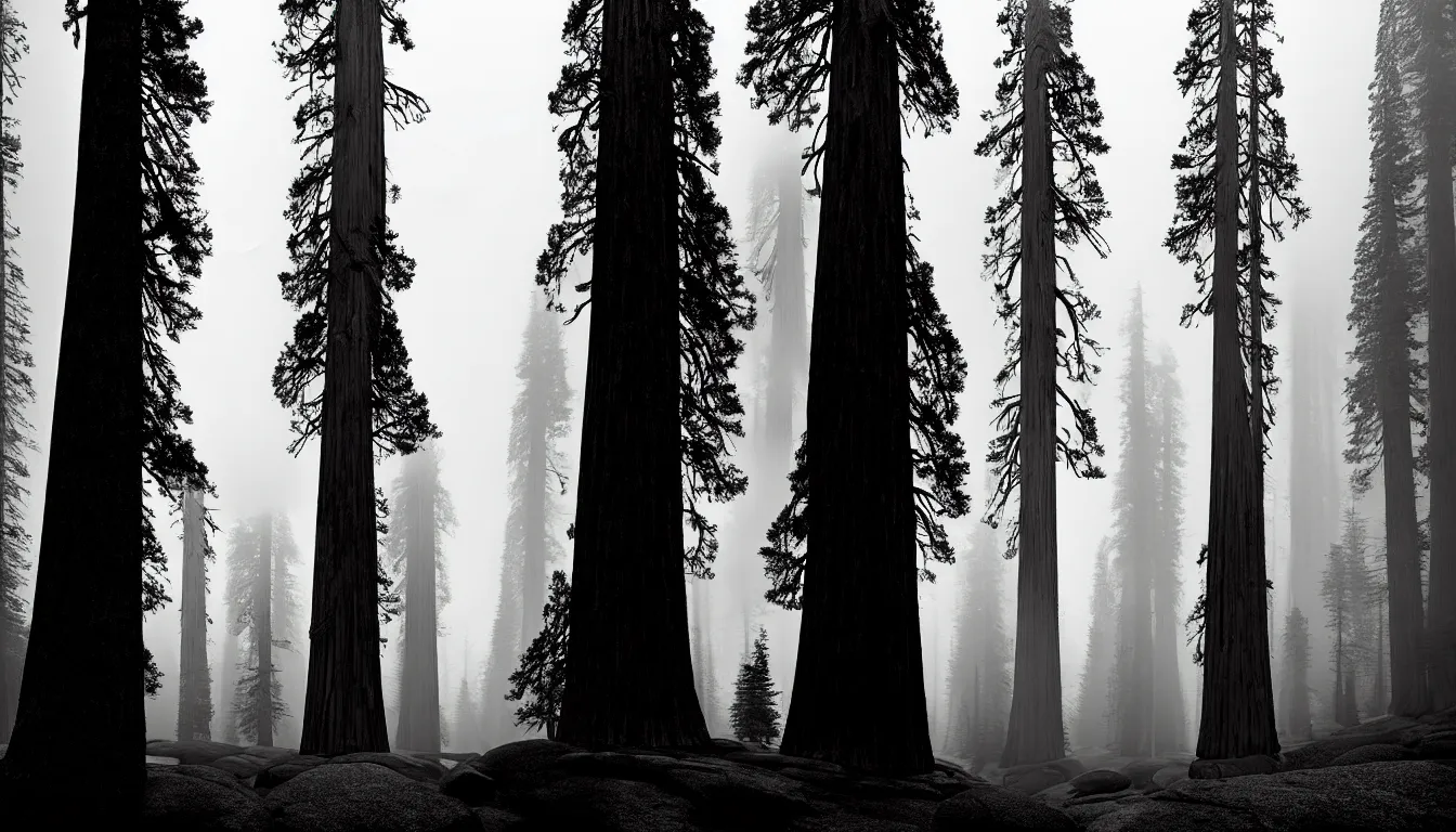 Image similar to hiking past giant sequoias by mads berg, karolis strautniekas, film noir, stippled light, dramatic lighting, editorial illustration, detailed, fine texture, matte print,