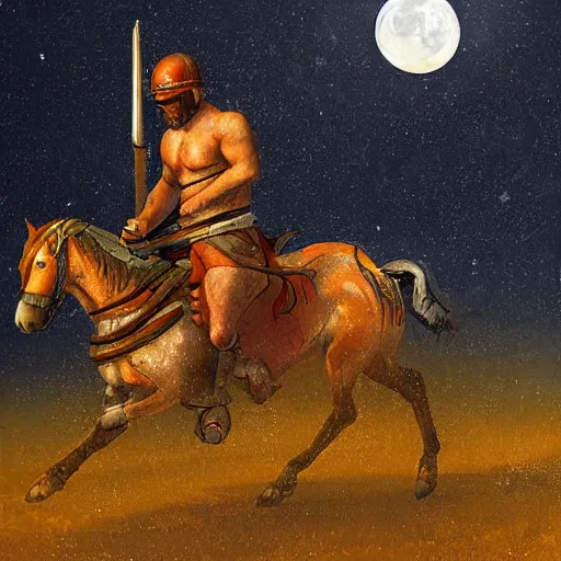 Prompt: Digital art of a tired spartan soldier riding horse on the battlefield in the style of an oil painting, acrylic, bleak, moonlight, detailed,