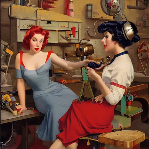 Image similar to gadget hackwrench in her workshop by gil elvgren