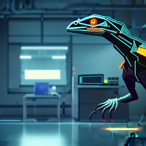 Image similar to an illustration of the full body of a cyberpunk velociraptor in a lab, octane render, bokeh, 3D, very coherent