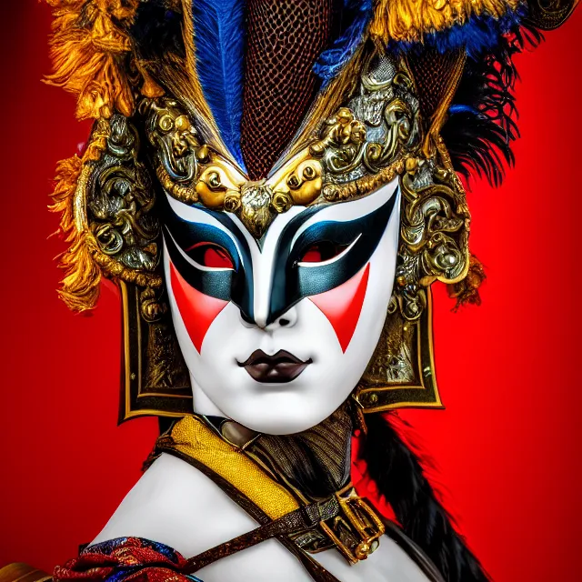 Image similar to photo of a beautiful!! harlequin warrior with venetian mask highly detailed 8 k hdr smooth sharp focus high resolution award - winning photo photorealistic