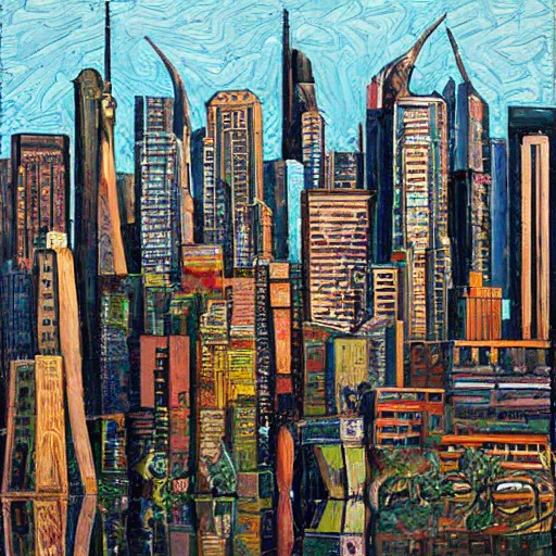 Prompt: by neil welliver lively. sculpture. a cityscape. the different colors & shapes represent different parts of the city.