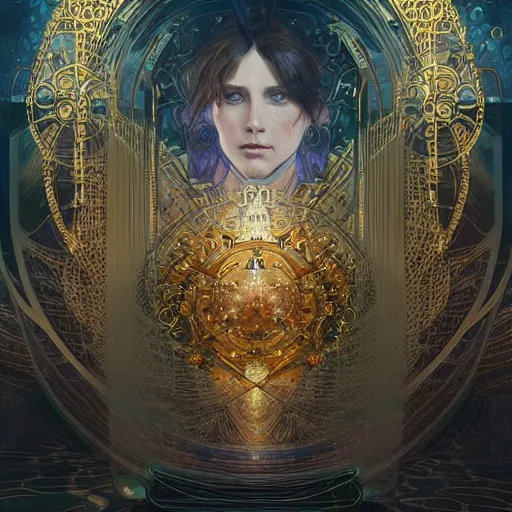 Image similar to hyper realistic golden quantum computer the size of a city , art by artery and Greg Rutkowski and alphonse mucha, sci-fi, fantasy, intricate, ornate, very very beautiful, elegant, highly detailed, digital painting, artstation, concept art, smooth, sharp focus, masterpiece , post-processing.