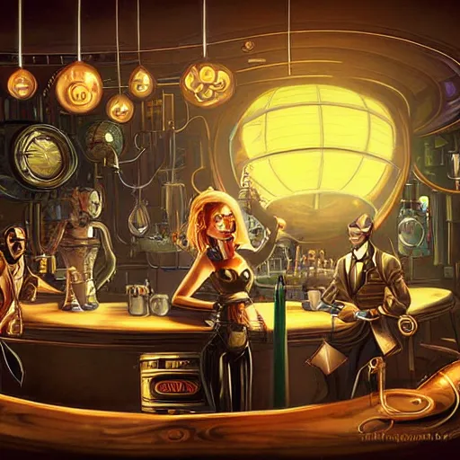 Image similar to a steampunk planet earth, has a drink at a bar. digital art, dramatic lighting, comedy, science fiction, epic fantasy, surreal. style of fifth element ( film )