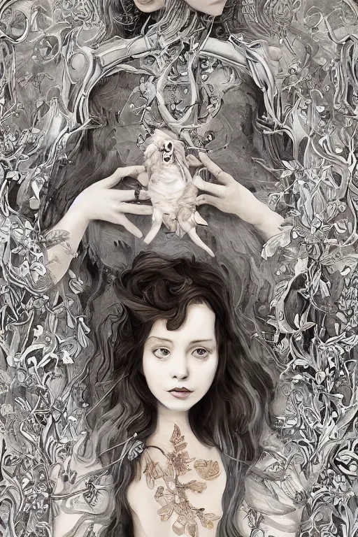 Image similar to An extremely beautiful pre-raphaelite portrait of a cute witch and her cat, surreal, ultradetailed, intricate, elegant, detailed, digital painting, artstation, concept art, smooth, sharp focus, illustration, regal, award winning picture, extremely detailed masterpiece, sense of awe, featured on artstation, Artgerm, effervescent punk kawaii-noir pastel bubbles, winning award piece, ethereal rainbows, Aetherpunk, Exquisite details