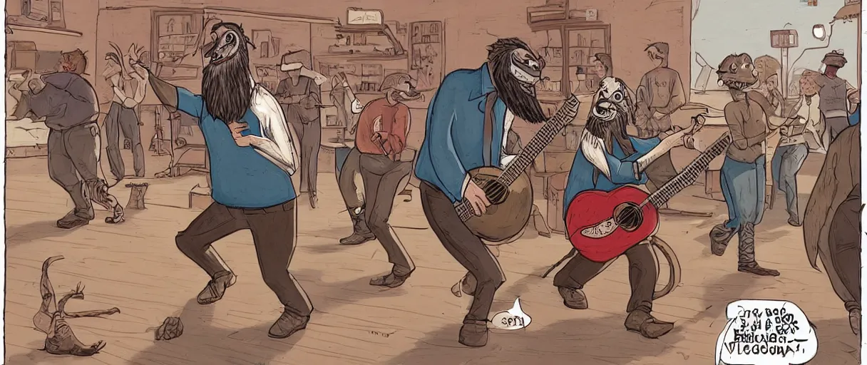 Image similar to a beautiful illustration of an anthropomorphic bearded velociraptor playing a banjo at a square dance | graphic novel:.3 | unreal engine:.6