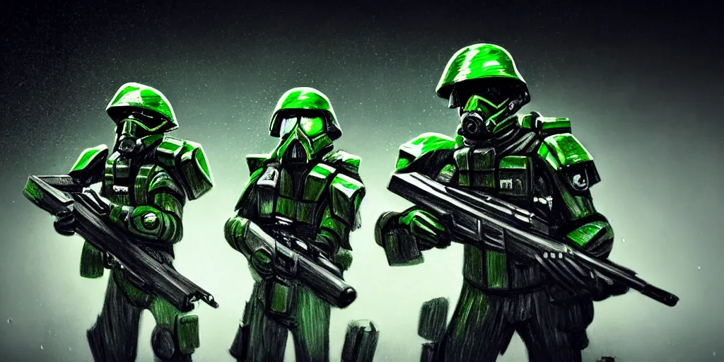 Image similar to A detailed sketch of two guerilla soldiers with green plasma rifles with revolver drums wearing grey armour with dark green stripes and full helmets with dark green visors, night, rain, water drops on the lense, a complicated black spaceship with green lights in the background, realistic 4k octane beautifully detailed render, 4k post-processing, highly detailed, intricate complexity, epic composition, magical atmosphere, cinematic lighting, masterpiece, ultra hd