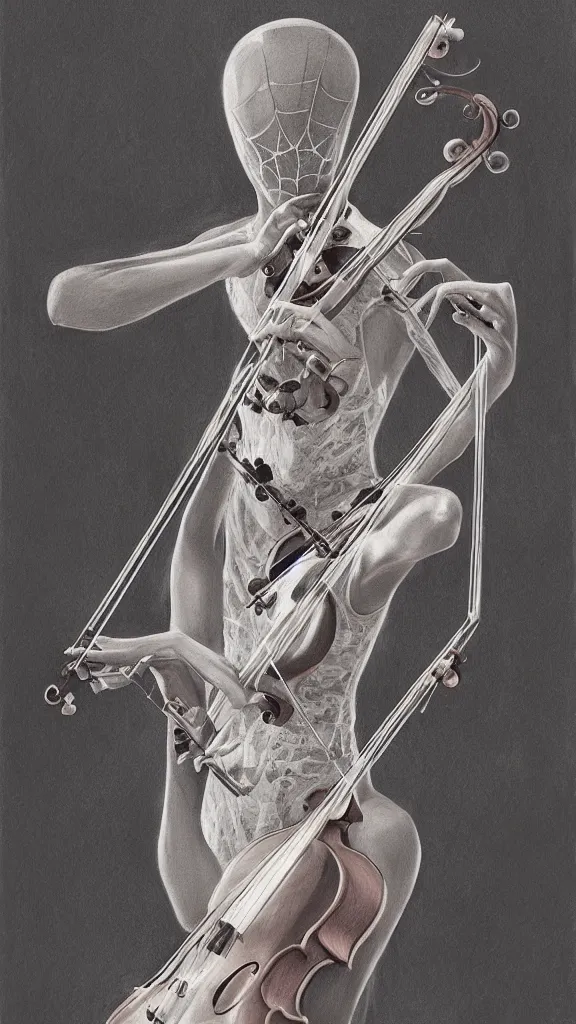 Image similar to portrait of a spider playing a violin, detailed, elegant, highly detailed, artstation, concept art, illustration, sharp focus, art by kurozaki sakura,