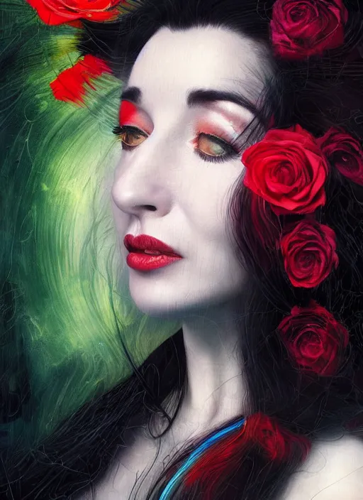 Prompt: portrait of kate bush against a neon multicolored background, lush black hair, pale skin, red roses, flowing material, intricate, beautiful cinematic lighting, stunning painting by caravaggio, android jones, wadim kashin