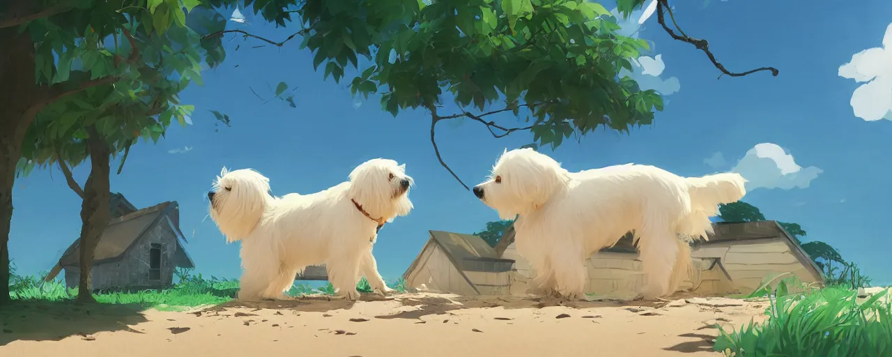 Image similar to a cream - colored havanese dog building a house from leaves and trees at a tropical beach, atey ghailan, goro fujita, studio ghibli, rim light, exquisite lighting, clear focus, very coherent,