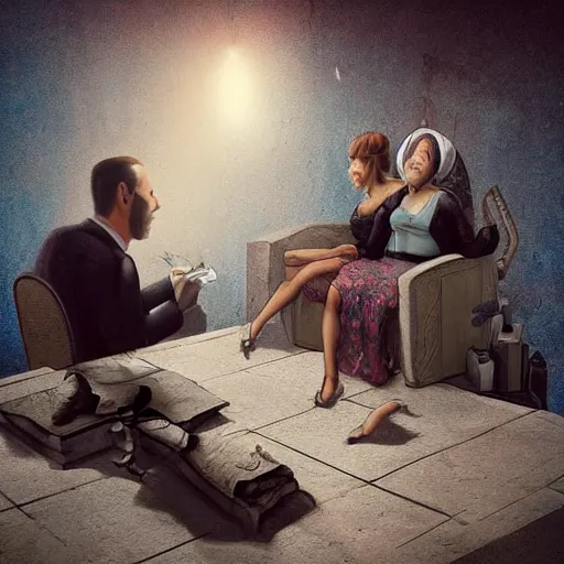 Image similar to a man and a woman getting a divorce, surrealism, digital concept art, trending on artstation