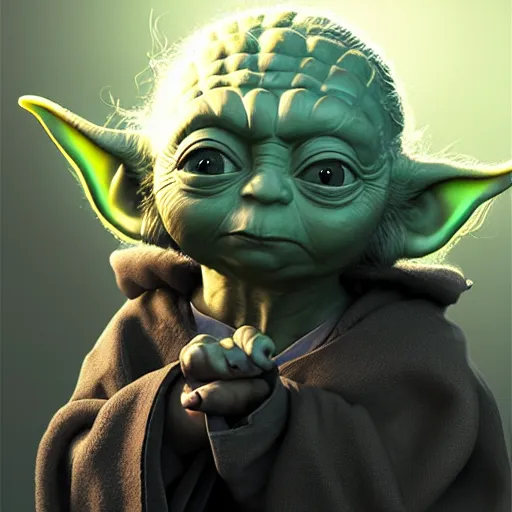 Image similar to young yoda in the dark, au naturel, hyper detailed, digital art, trending in artstation, cinematic lighting, studio quality, smooth render, unreal engine 5 rendered, octane rendered, art style by klimt and nixeu and ian sprigger and wlop and krenz cushart