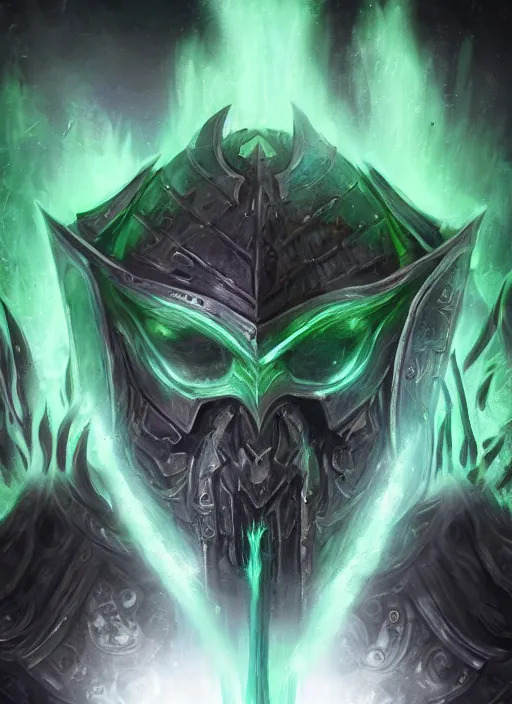 Prompt: high detail portrait man green knight necromancer in helmet, green, green smoke, warcraft, world of warcraft, lich king, arthas magic 4 k, artstation, game art