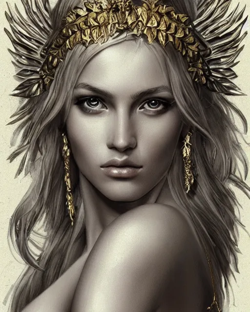 Image similar to tattoo sketch of blonde super model aphrodite greek goddess wearing a gold laurel wreath and triangle earrings, beautiful piercing gaze with sharp pupils, in the style of greg rutkowski, fantasy, amazing detail, epic, elegant, smooth, sharp focus, front view