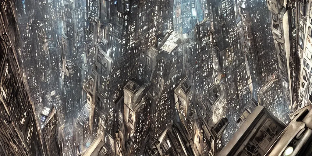 Image similar to Futuristic Sci-fi Alien metropolis of The Last Skybridges of New York City Tenement District with unfathomable depth, filled with bustling flying vehicle traffic (The Fifth Element 1997)