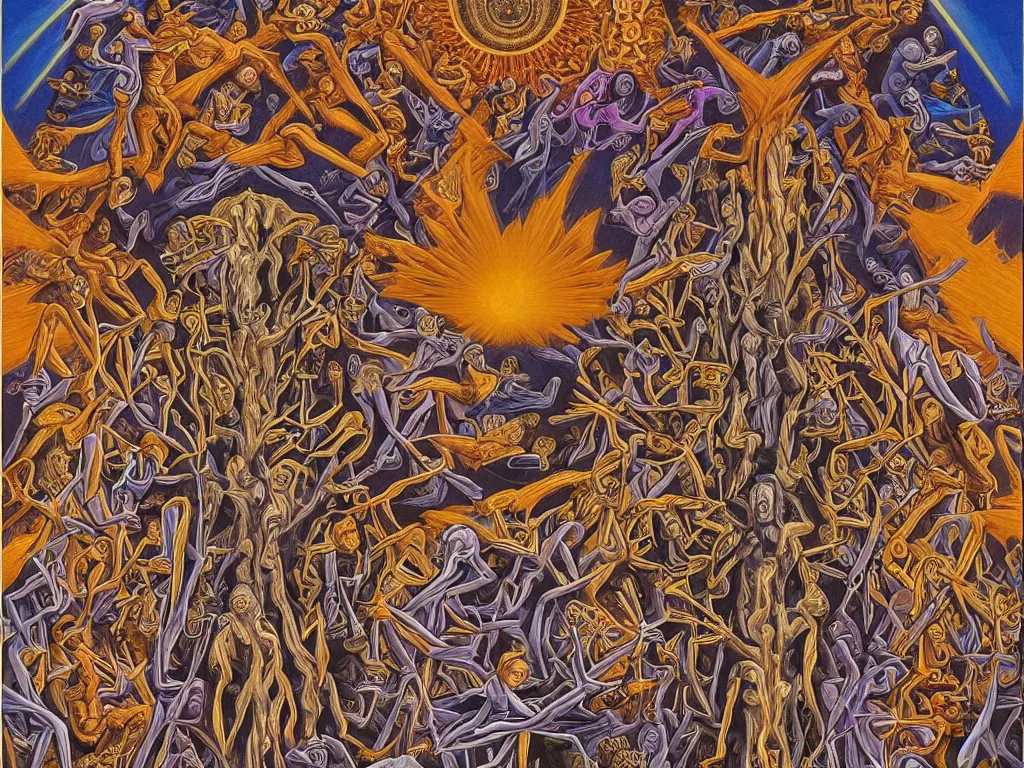 Image similar to meditation on death by Alex Grey and M. C. Escher collaboration