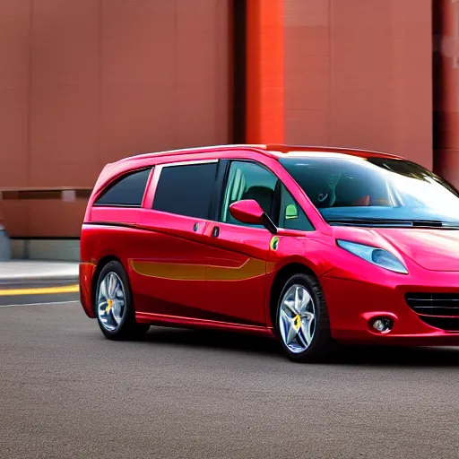 Prompt: a ferrari minivan. centered in frame, advertisement, motion blur, ad, focus, centered, ferrari, car advertisement, photograph, realistic, bokeh