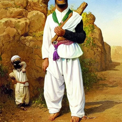 Image similar to beautiful painting by sophie anderson of a chimpanzee wearing traditional men kurdish clothes baggy pants and white shirt with a large sash tied around the waist in a kurdish village, award winning art, insanely detailed, bright colors, global illumination, cute, young, stunning