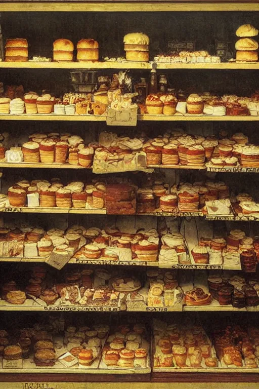 Prompt: a shop full of cakes by norman rockwell