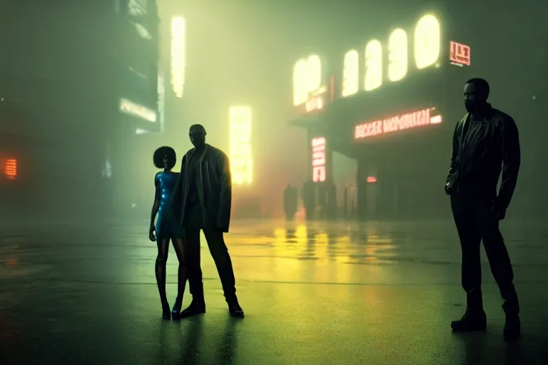 Image similar to film still of closeup beautiful jamaican models couple in blade runner 2 0 4 9, cinematic, moody, gritty neon noir by emmanuel lubezki