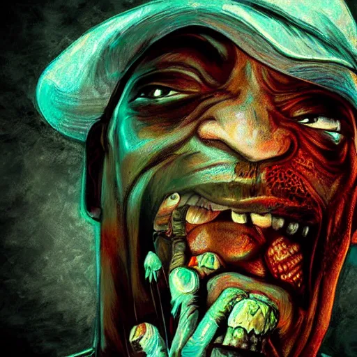 Image similar to angry zombie portrait of michael clarke duncan, an urban background szene, grimdark horror, stylized digital illustration, radiating a glowing aura, global illumination, ray tracing, hdr, fanart arstation by ian pesty and katarzyna bek - chmiel