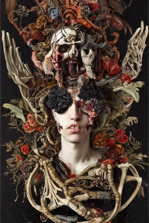 Image similar to Detailed maximalist portrait a greek god with large lips and with large white eyes, exasperated expression, botany bones, HD mixed media, 3D collage, Grimm fury takes character, highly detailed and intricate, surreal illustration in the style of Caravaggio, dark art, baroque