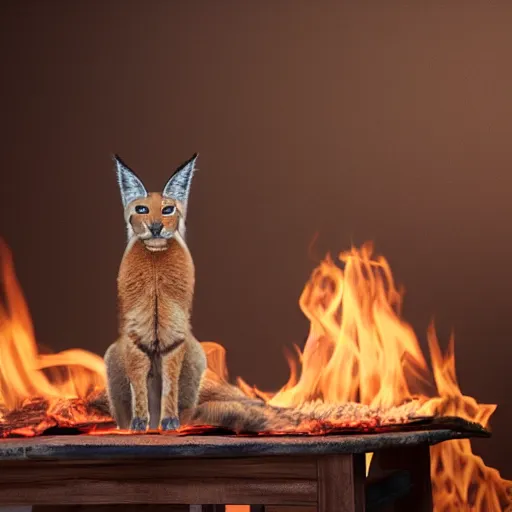 Image similar to wide-angle photo of cute caracal sitting on a wooden chair near a table in a room, flames of fire at background, octane render, 3d, 8k , hd, studio light