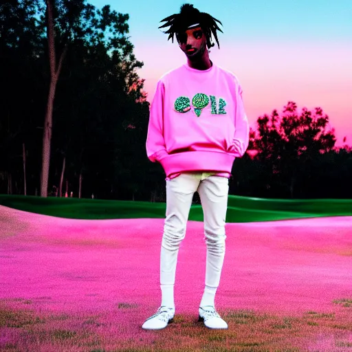 Image similar to a photoshoot for a new golf le fleur clothing line starring playboi carti, 8 k concept art, golden hour, vintage, pink skies, cloudy, dreamy, extremely detailed