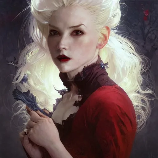 Image similar to portrait of a menacing beautiful vampire, top half of body, by Stanley Artgerm Lau , greg rutkowski, thomas kindkade, alphonse mucha, loish, norman rockwell, J. C. Leyendecker. bright white hair, pale skin, angry complexion, beautiful detailed eyes, black rose frame. D&D, fantasy. Trending on artstation rule of thirds extremely detailed old illustration hd 4k