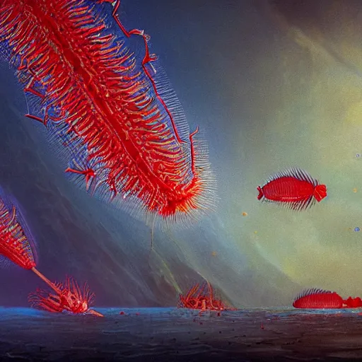 Image similar to A beautiful hyper realistic matte painting of darkfield microscopy krill Copepods Under Microscope by Justin Gerardof, John Howe, Albert Bierstadt, Alena, vivid color hues, Trending on artstation, opalescence, refraction, aesthetic plethora of ocean life precious Planktonia phytoplankton diatom protozoa