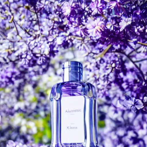 Prompt: perfume bottle surrounded by artistic, luscious blurred blue and lilac flowers, white background, simple path traced, environment, up close shot