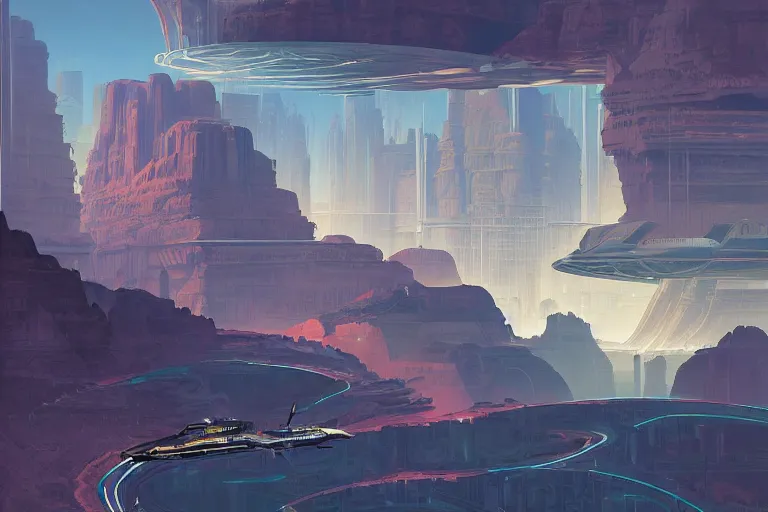 Prompt: a matte painting of a solarpunk city floating above a canyon by syd mead and peter mohrbacher and james gilleard in the style of hugh ferriss