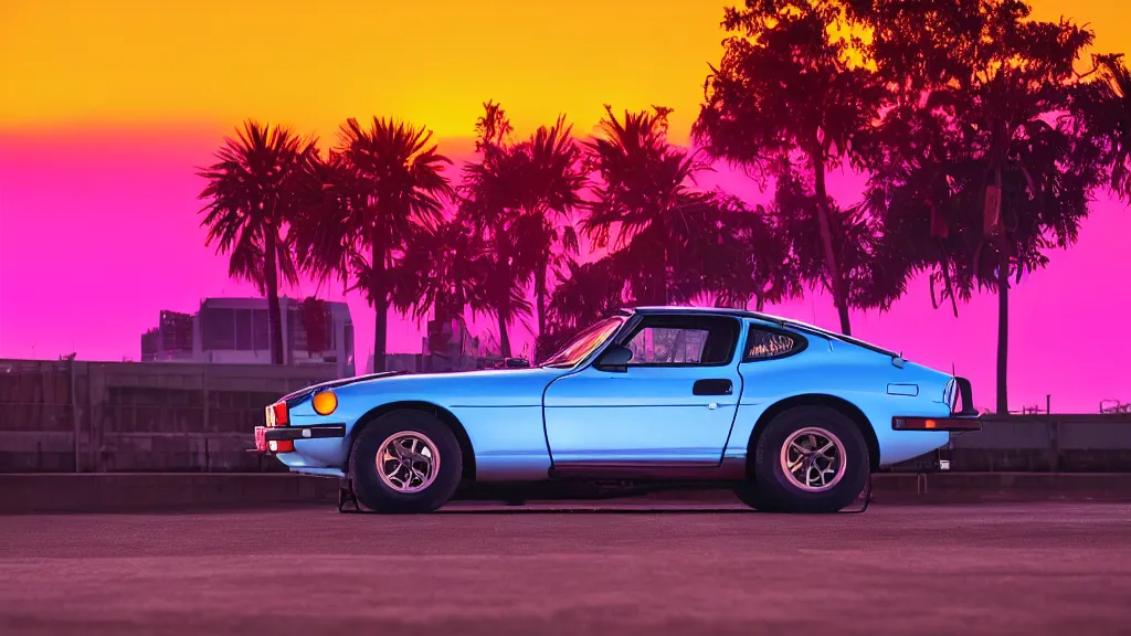 Image similar to neon synthwave datsun 4 2 0 z, at sunset, 8 k. filling most of the view