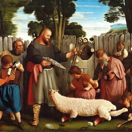 Prompt: ragnar lothrbok cutting off head of lamb at the pet n play zone in zoo with children crying around him while he laughs with beer and bloody axe in hand renaissance painting
