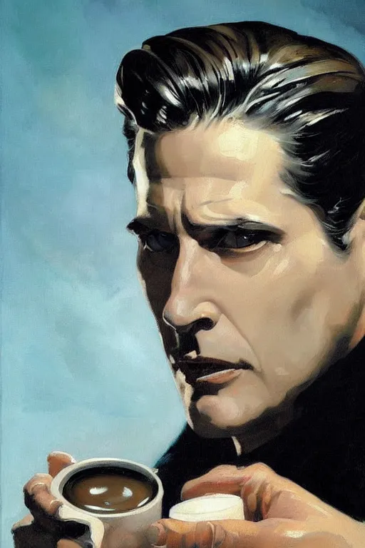 Image similar to coffee, dale cooper drowning in coffee, waves of black liquid, painting by jc leyendecker! phil hale!, lynchian!!!! ominious, dark lighting, angular, brush strokes, painterly, vintage, crisp