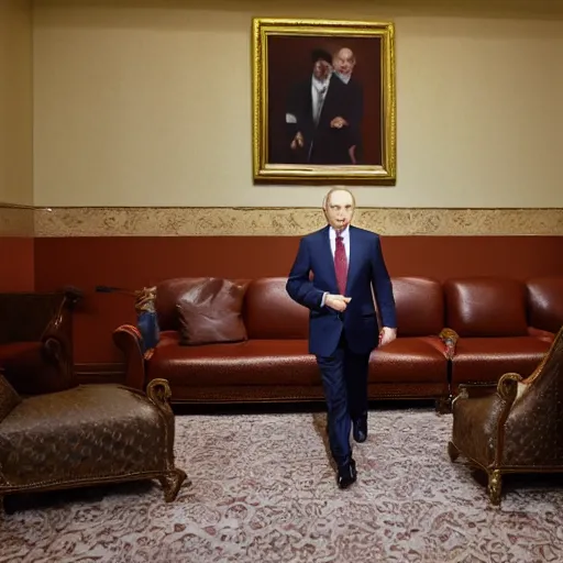 Prompt: photo of putin in the backrooms lobby,