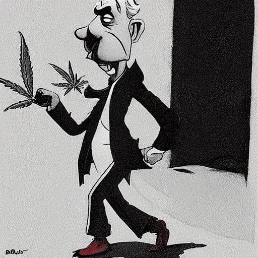 Image similar to Cannabis leaf character goes for a walk. caricature illustrated by Ralph McQuarrie