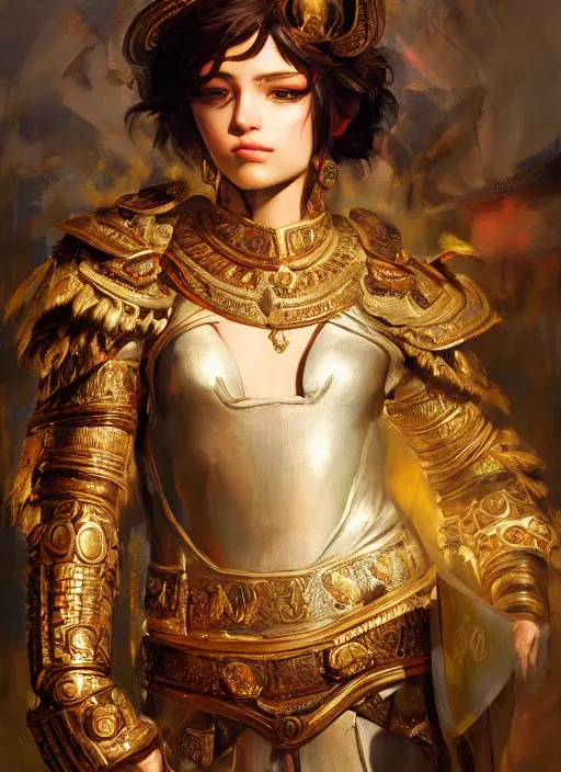 Image similar to portrait of an ancient roman character in incredible rich ornate armor, by ilya kuvshinov, by thomas lawrence, by bayard wu, trending on artstation, masterpiece