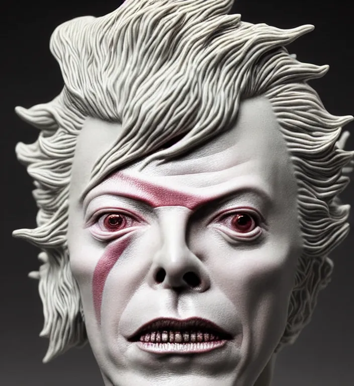 Prompt: David Bowie from labyrinth , A Close up photo-real delicate ceramic porcelain sculpture of a symmetrical ornate detailed in front of an intricate background by Victo Ngai and takato yamamoto, micro detail, backlit lighting, face in focus, subsurface scattering, translucent, thin porcelain, octane renderer, colorful, physically based rendering, japanese pottery, trending on cgsociety