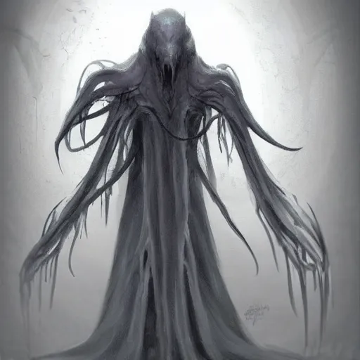 Prompt: concept designs for an end game boss that is an ethereal ghostly wraith like figure with a squid like parasite latched onto its head and long tentacle arms that flow lazily but gracefully at its sides like a cloak while it floats around a frozen rocky tundra in the snow searching for lost souls and that hides amongst the shadows in the trees, this character has hydrokinesis and electrokinesis for the resident evil village video game franchise with inspiration from the franchise Bloodborne