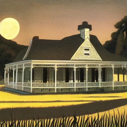 Image similar to grant wood's painting of dracula on the porch of a southern plantation at dusk, proudly gazing out on his cotton fields with the moon rising above. he is pale, with black hair and a black and red cape.